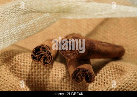 Cinnamon sticks and star anise. Those spice can be seen arranged on canvas background. Stock Photo