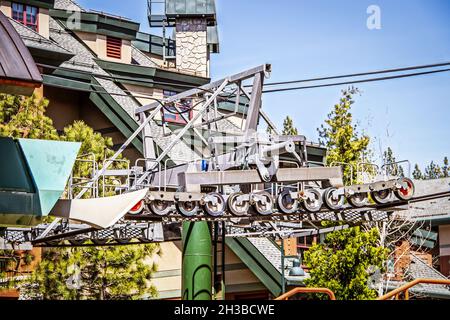Close-up of ski lift mechanism stopped during off season near touth Lake Tahoe CA USA Stock Photo
