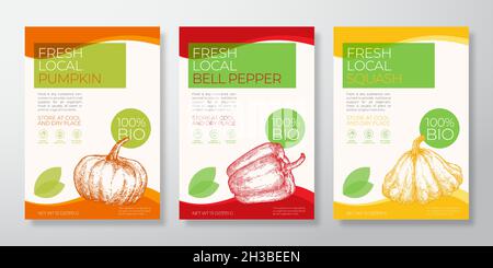Fresh Local Vegetables Label Templates Set. Vector Packaging Design Layouts Collection. Typography Banner with Hand Drawn Squash, Bell Pepper and Stock Vector