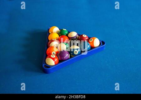 Billiard balls, top view of billiard balls on table. Stock Photo