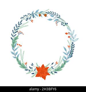 Seasons greatings wreath with floral. Flowers, branches and pine cones. Unique design for your greeting cards, banners, flyers. Vector illustration in Stock Vector