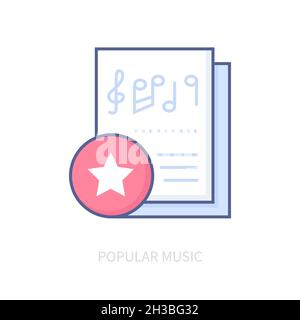 Popular music - modern line design style icon on white background. Neat detailed image of star rated sheet music. Sheet music, treble clef, stave, mel Stock Vector