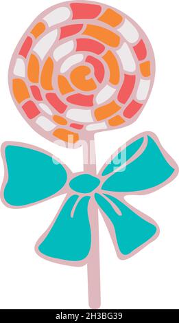 Vector illustration of candy on stick with bow-knot. Isolated twisted candy on white background. Stock Vector