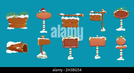 Set Christmas wooden signboard, road signs on striped stick with decoration, empty frame in cartoon style isolated on white background. Holiday decoration. Ui game asset. Vector illustration Stock Vector