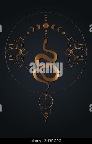 Magic mystic Snake, Moon Phases. Sacred geometry, gold luxury pagan Wiccan goddess symbol. Old golden wicca banner sign, Lotus flowers energy circle, Stock Vector