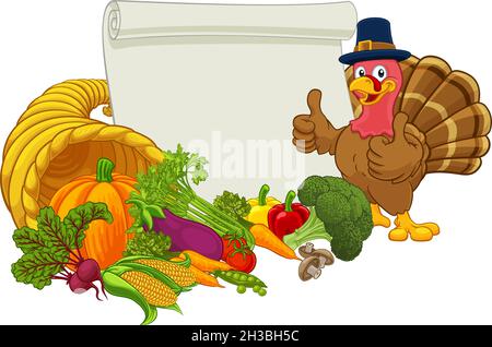 Turkey Cornucopia Thanksgiving Cartoon Scroll Stock Vector