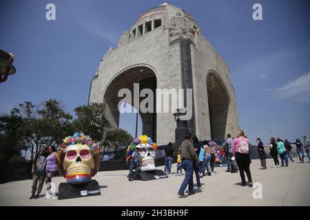 Visitors attend at  the Frida Kahlo Skulls exhibition at Revolution Monument as part of Day of the Dead Mexican celebrations. On October 26, 2021 in Mexico City, Mexico. (Photo by Ismael Rosas/ Eyepix Group) Stock Photo