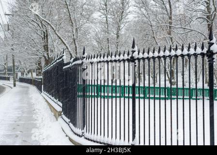 A vintage black wrought iron fence surrounding a snow covered park in winter. There are snow covered trees. The barrier has four foot spires. Stock Photo