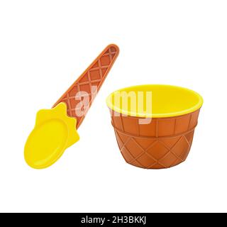 Empty open plastic cup without cover and ice cream spoon in one style isolated. Imitation waffle. Side view. Stock Photo