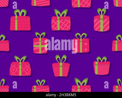 Red gift boxes with green ribbon seamless pattern. Festive design for greeting card, wrapping paper, banners and promotional materials. Vector illustr Stock Vector
