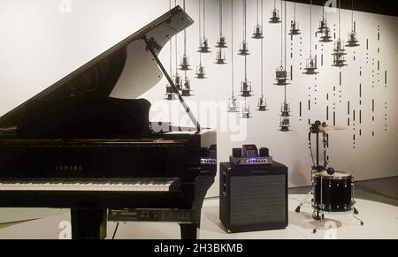 SYDNEY, AUSTRALIA - Sep 17, 2021: A GraPiano, Drums, Cymbal, Microphones and Amplifier: Music Room Recording Studio Set Up, Exhibition Feature at Powe Stock Photo