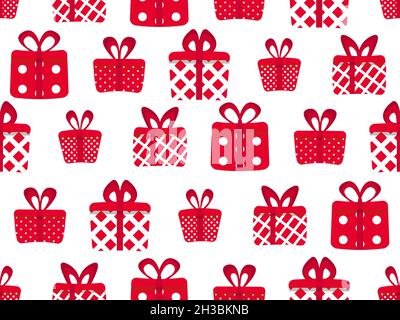 Seamless pattern with red gift boxes on a white background. Festive design for greeting card, wrapping paper, banners and promotional materials. Vecto Stock Vector