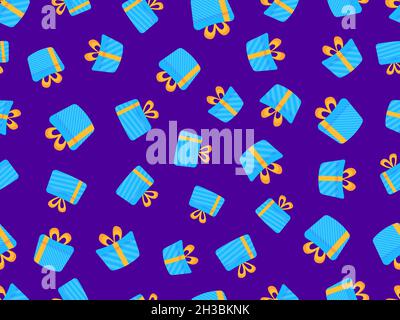 Seamless pattern with blue gift boxes with orange ribbon on a purple background. Festive design for greeting card, wrapping paper, banners and promoti Stock Vector