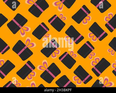 Seamless pattern with black gift boxes with pink ribbon on an orange background. Festive design for greeting card, wrapping paper, banners and promoti Stock Vector