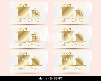 Set of gift cards with gold gift boxes. Design template for gift and discount card, marketing products. Cards in denominations: 25, 50, 75, 100, 150, Stock Vector