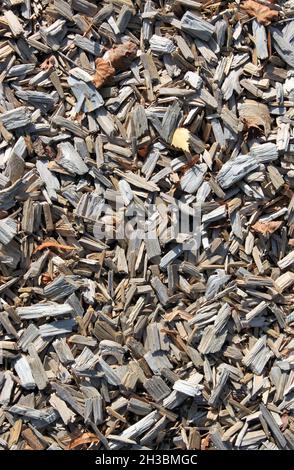 a pile of wood chips unsorted outside on a playground Stock Photo