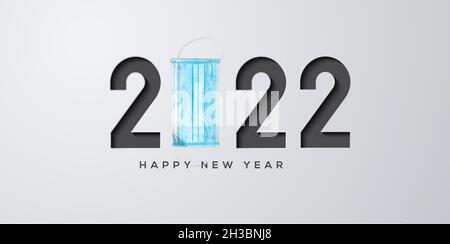 happy new year 2022- Covid 19 - Concept card with syringe and mask