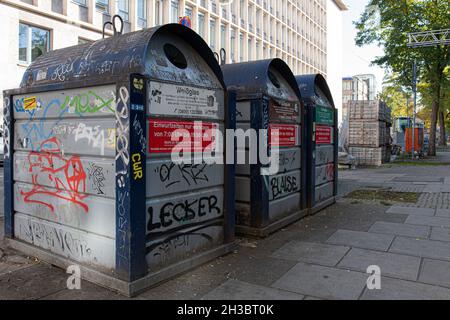 STUTTGART, GERMANY - Oct 24, 2021: garbage cans in Stuttgart with graffiti on it Stock Photo