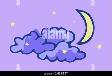 Vector illustration of blue clouds and yellow moon with stars. Stock Vector