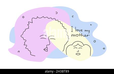 Postcard in line art style. Head of mother and child. Inscription I love my mother. Vector illustration. Stock Vector