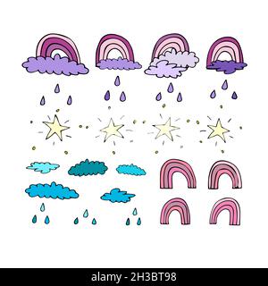 Graphic outline printing sign with pink rainbow, violet clouds, stars and rain.  Stock Vector