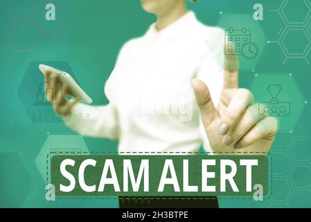 Text showing inspiration Scam Alert. Conceptual photo unsolicited email that claims the prospect of a bargain Lady In Uniform Standing Hold Phone Stock Photo