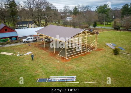 Pole Barn construction on farm in Harford County Maryland Stock Photo