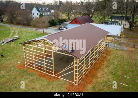 Pole Barn construction on farm in Harford County Maryland Stock Photo