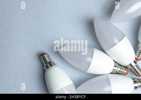 Modern energy saving LED light bulbs, flat lay and top view Stock Photo