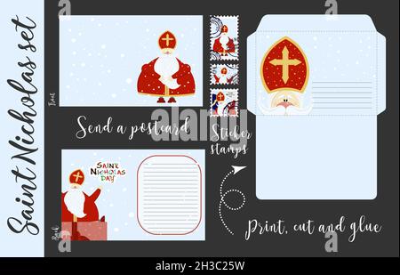 crafts for children. Saint Nicholas set. Congratulations, letter to St. Nicholas. Winter Christian holiday. Sinterklaas. An old man. Stock Vector