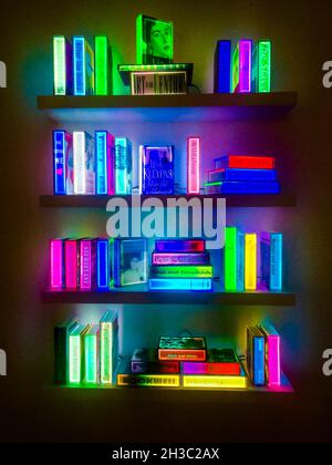 SY, AUSTRALIA - Sep 16, 2021: A colourful Neon Bookshelves Artwork by Airan Kang at Museum of Contemporary Art in Sydney, Australia