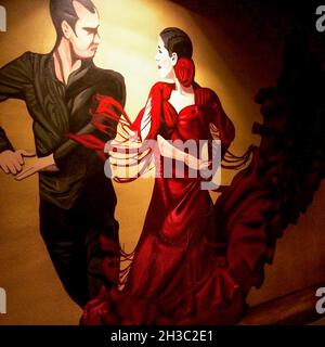 SYDNEY, AUSTRALIA - Sep 16, 2021: A Spanish Flamenco Wall Art in Tapas Restaurant in Sydney, Australia