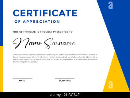 Modern blue and yellow certificate template with abstract shapes design, appreciation for business and education Stock Vector