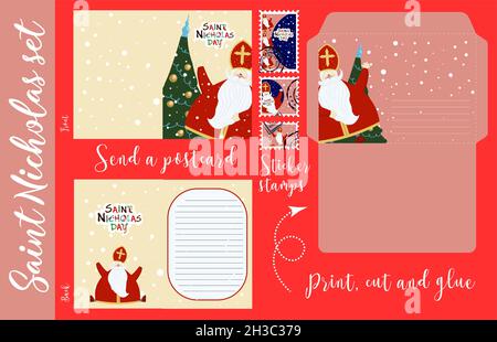 crafts for children. Saint Nicholas set. Congratulations, letter to St. Nicholas. Winter Christian holiday. Sinterklaas. An old man. Stock Vector