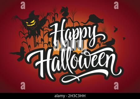 happy halloween lettering with scarecrow design vector illustration Stock Vector