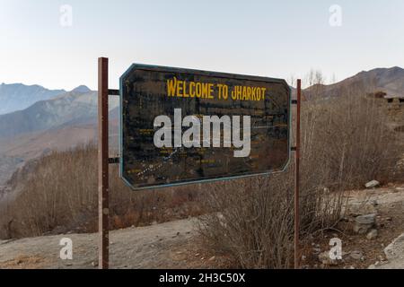 Jharkot, Mustang District, Nepal - November 19, 2016: Welcome to Jharkot. Information board at the entrance to the village. Stock Photo