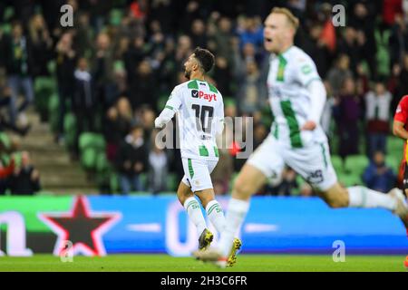 Groningen Netherlands October 27 Daleho Irandust Of Fc Groningen Is Celebrating His Goal With Romano Postema Of Fc Groningen During The Dutch Toto Knvb Cup Match Between Fc Groningen And Helmond