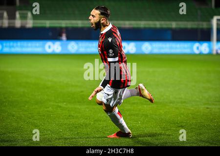 Amine GOUIRI of Nice celebrates his goal during the French championship Ligue 1 football match between OGC Nice and Olympique de Marseille on October 27, 2021 at Stade de l'Aube in Troyes, France - Photo: Matthieu Mirville/DPPI/LiveMedia Stock Photo