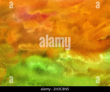 Watercolor abstract  background, hand-painted texture, Watercolor orange and green  stains. Design for backgrounds, wallpapers, covers and packaging Stock Photo