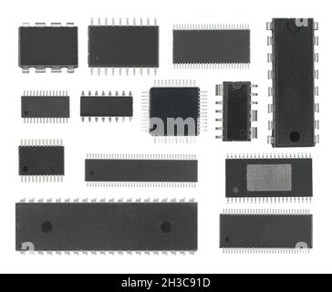 microcircuits, radio components, electronic components, components for electronics, on a white background, collage Stock Photo