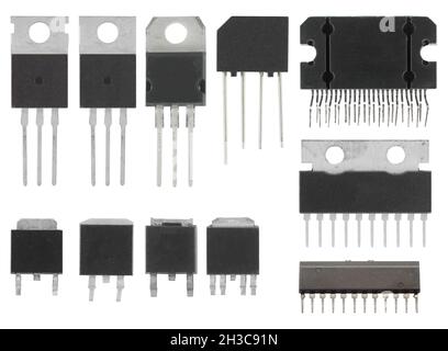 microcircuits, radio components, electronic components, components for electronics, on a white background, collage Stock Photo