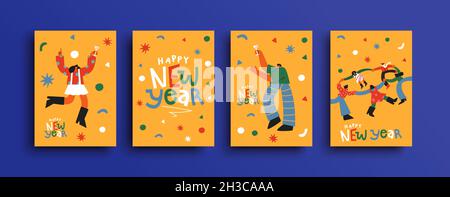 Happy New Year greeting card illustration set. Funny flat cartoon people doing party drink toast in holiday celebration. Diverse friends dancing toget Stock Vector