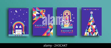 Merry Christmas greeting card illustration set. Modern folk art church building in neon color pine tree forest. Peaceful flat cartoon winter season la Stock Vector