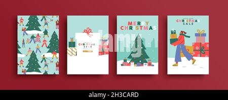 Merry Christmas greeting card illustration set with people crowd seamless pattern. Business sale banner collection, diverse social background design f Stock Vector