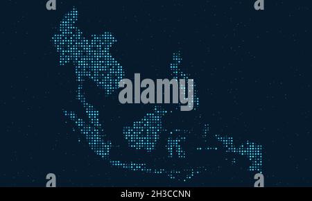 Abstract Dotted Halftone with starry effect in dark Blue background with map of Southeast Asia. Digital dotted technology design sphere and structure. Stock Vector