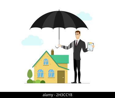 Insurance agent hold umbrella over house and property protection contract policy on clipboard. Home injury risk law legal preparedness concept. Vector eps illustration Stock Vector