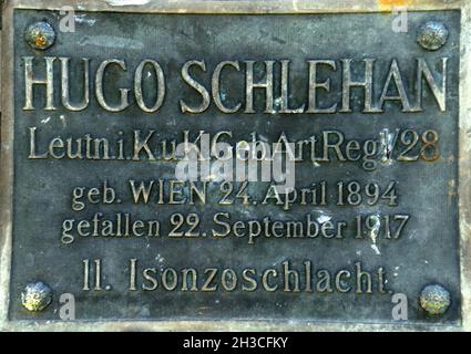 Sveto (SLO) : the Austro Hungarian war cemetery at Samci. A plaque on a grave. Stock Photo
