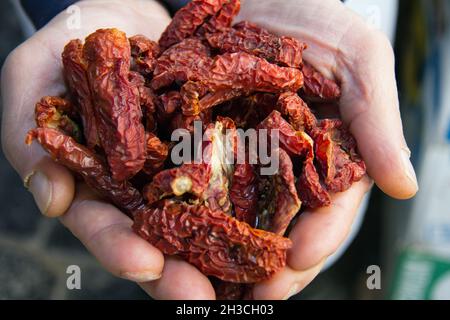 An elderly vendor holds dried tomatoes in his hands at La Fiera market in Catania, Sicily. Stock Photo