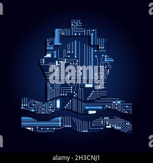 Ship symbol with a technological electronics circuit. Blue background. Stock Vector