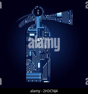 Extinguisher symbol with a technological electronics circuit. Blue background. Stock Vector
